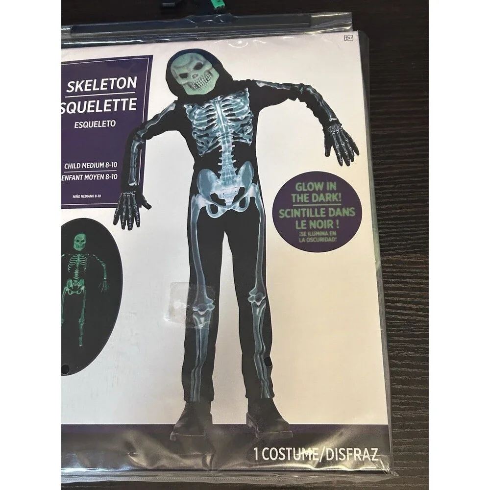 Glow In The Dark Skeleton Costume Child Medium 8-10 Halloween New Black